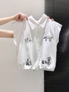 White Cartoon Embroidery Sleeveless Shirt Womens Summer Design Drawstring Waist Slim Fit Loose Short Top Korean Style