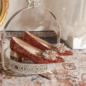 Comfortable Chunky Heel Wedding Shoes for Women New 2024 Red Chinese Style Non-Slip High Heels Elegant Embroidered Satin