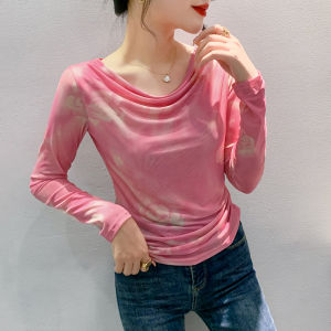 Yimei Áo Thun Nữ 2023 thu áo in hình Lưới Cổ Xích đu áo thun mới Áo đáy mỏng thời trang