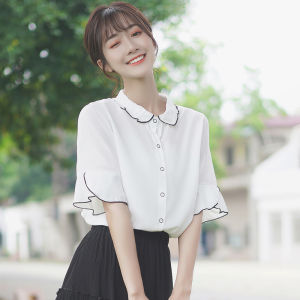 Summer Wooden Ear Peter Pan Collar Chiffon Blouse White Shirt Womens Professional Stylish Niche Style Chic Tops Short Sleeve Shirt