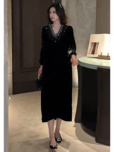 XIYUQI | French Mature Style Black V-neck Beaded Loose and Slim Fitting Maxi Dress for Autumn