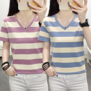 Loose Large Size Short Sleeve T-Shirt Womens Summer Half Sleeve V-Neck Cotton Polyester Blend Comfortable Breathable Top