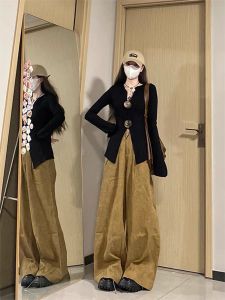 สูง เอว ขากว้าง เดนิม กางเกง ผู้หญิง หลวม ผ้าม่านตรงยาว กางเกงขายาว ฤดูใบไม้ร่วง ฤดูหนาว รูปแบบใหม่ สีกากี สีความรู้สึกผ่อนคลาย