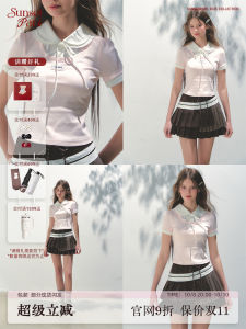 ซันเซ็ทปาร์คเดลี่เกิร์ลวิทยาลัยสไตล์ตุ๊กตาคอปกการเย็บปะติดปะต่อกันถักเสื้อยืดแขนสั้นผ้าฝ้ายฤดูร้อนเดินทาง สลิมฟิต อ่อนเยาว์