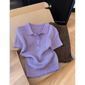 HUOLISI | Korean Style Purple Gentle All-match Polo Collar Short Sleeve Knitted Blouse
