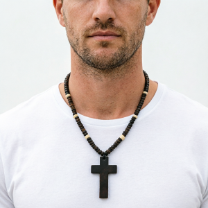 Handmade Natural Coconut Beads Wood Necklace For Men Classic Cross Christian Religious Neck Accessories Yoga Meditation Jewelry