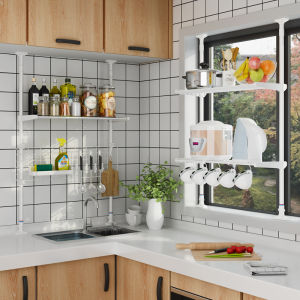 No-Drill Kitchen Window Shelf Expandable Pole Sink Storage Rack Nordic Style Metal Double Layer Spice Organizer Kitchen Storage