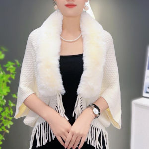 Fashionable Autumn Winter Womens Wrap Scarf with Tassel And Fur Collar Outerwear Cardigan High End Warmth Cowl Neck Coat
