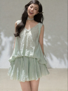 KEIKO | Spring-Summer Light Mint Green Gentle Style Wrinkle-Feel Sleeveless Set