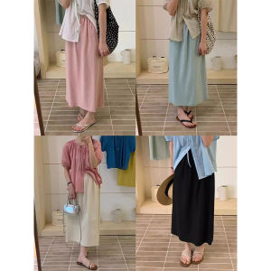 Pink Cotton and Linen Skirt Womens Summer Thin Mid-Length A- line Split Linen High Waist Straight-leg Slim Looking One-Step Long Skirt