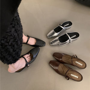 Design Silver Mary Jane Semi-slippers Wear French Single Shoes Silver Shoes Spring and Summer Block Heels High Heels Womens Shoes