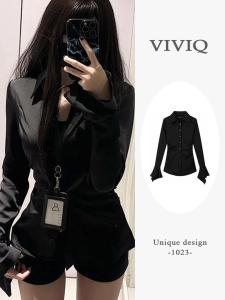 เสื้อเชิ้ตแขนยาวทรงตรงสไตล์เกาหลีสำหรับผู้หญิง คอลเลกชั่นฤดูใบไม้ร่วงปี 2024 คอโปโล กระดุม ทรงเข้ารูป เสื้อเชิ้ตลายสก็อตสีดำ