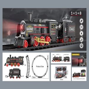 Electric Train Track Retro Steam Locomotive Rail Train with Smoke High-Speed Railway Parking Lot Model Kid Birthday Xmas Gifts