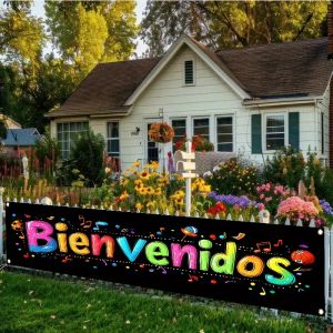 Black "Bienvenidos" Welcome Banner Spanish Sign with Music Notes & Ball Design for School and Outdoor Party Decoration