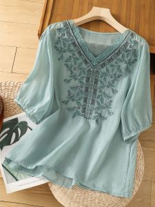 Counter Mall Withdraw Classy Solid Color and V-neck Ramie T-shirt Female Summer Loose Artistic Embroider Cotton and Linen Half Sleeve Shirt