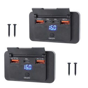 12V USB Outlet Panel Wall Mount USB-C & Dual QC 3.0 Car Charger Socket with Button Switch for Car Bus RV Truck Boat