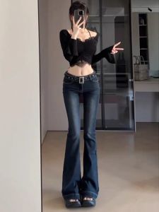 Quần Jeans Denim Ống Loe Màu Xanh Đậm Cạp Lửng Ôm Dáng Quần Dài Dài Đến Sàn Cho Nữ Mùa Xuân Quần Thường Ngày Cạp Thấp