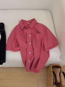 Áo Sơ Mi Nữ Dáng Rộng Tay Ngắn Mùa Hè Phong Cách Mới Màu Hồng Táo Thiết Kế Mỏng Cổ Polo Thường Ngày Chất Liệu Cotton 100%