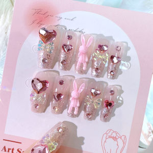 Ready Stock Female Mid-length Fake Nail Pink Rose Rabbit Decor Artificial Nail for Women and Girl Party Activity