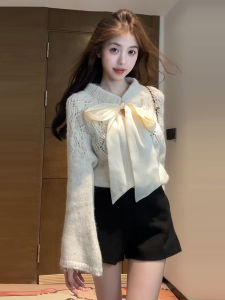[Xiaobawang] French Style Bow Knitwear Sweater Female Fall and Winter Small Unique and Beautiful Small Top
