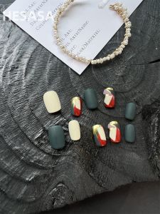 HESASA Pure Handmade Wearable Nail Art Design Color Block Artistic Grid Pattern Matte Mirror Finish False Nails Extensions