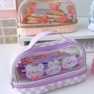 Cute Pencil Case PVC Transparent Waterproof Pensil Box Double Layer Kotak Pensil Perempuan 铅笔盒