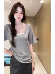 YUEZHONGWEI | Loose Fit U-Neck Short Sleeve T-Shirt Womens Summer Design Sense Small Crowd Shoulder Width Regular Sleeve Length Casual Top