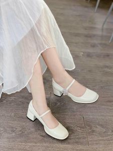 Giày cao 5cm gót thô da bóng quai dán đính đá hình hoa sang đẹp ( phom 15)