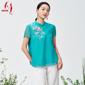 เสื้อยืดไหมพิมพ์ลายสไตล์จีนใหม่สำหรับผู้หญิง TANGY คอตั้งเล็ก แขนสั้น ทรงตรง ฤดูร้อน 2024 เสื้อผ้าทำงานแบบลำลอง