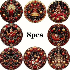 8 pieces/sets of Christmas-style patterned circular printed wooden anti-slip coasters suitable for beginners and adults as gift
