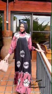 Gamis Twill Rayon Premium Pekalongan Modern Terbaru 2022 Motif Tiedye Pelangi Rempel Susun Hitam