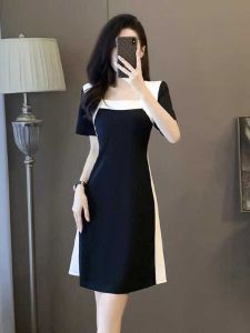 Fancy Retro Black and White Patchwork Square Collar Black Dress Womens Summer New Arrival Small Waist-Tight Slim Looking Dress
