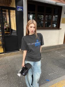 American Retro Lettering Casual Pure Cotton Short Sleeve T-Shirt Womens plus Size Loose Lazy Style High Street Half Sleeve Top