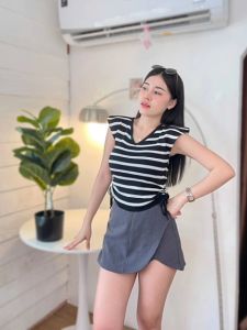 🌈 MesubShop 🌈 เสื้อคอวี ทรงแขนกุด ✨ ผ้าไหมพรม ยืดตามตัว แต่งเชือกรูดข้าง รุ่น วีรูด B-030-1-B