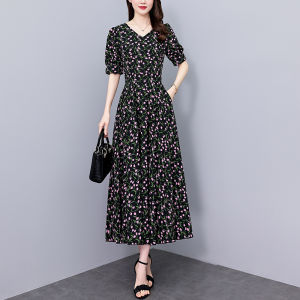 Impression Fashion Store Women Elegant V-neck Short Sleeve High Waist Slim Floral A-line Midi Pleated Dress Plus Size