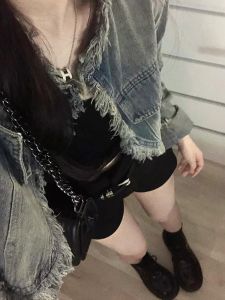 American Style Short Denim Open Cardigan Womens Chic Fringe Design Spicy Girl Top Design Sense Summer Long Sleeve Jacket