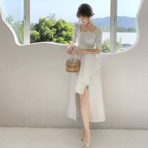 Elegant White Satin Evening Dress Womens Luxury High-End Feel Party Wedding Engagement Certificate Birthday Dress