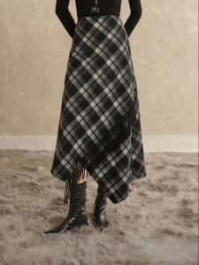 Yigue | Vintage Plaid Mid-Length Skirt For Female Figure Flattering Irregular Cut