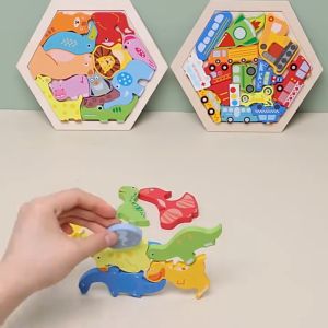 WE Puzzle 3D Hexagon hewan Wooden Montessori Wooden Chunky Hexagon Puzzle Mencocokan Bentuk Karakter