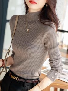 WANGGONGZHU | Slim Fit Long Sleeve Knitted Base Shirt Womens Autumn Winter Half High Collar Pullover Fashionable Slimming Korean Style