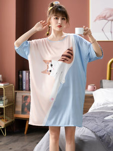 Summer Ice Silk Long Sleep Dress: Women's Loose Comfortable Maternity Nightgown & Large Size Cute Cartoon Print Sleepwear