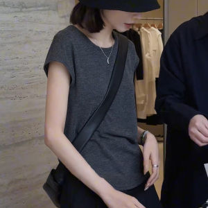 Bộ Đồ Hai Mảnh Mùa Hè Cho Nữ Tay Ngắn Màu Trơn Cạp Cao Che Mông Quần Áo Làm Việc Polyester Cổ Tròn Tay Dài