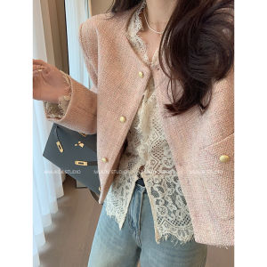 MUKOK Pink Slimming Long Sleeve Short Coat for Women Spring New Style Commute Style Button Design Polyester Blend Fiber