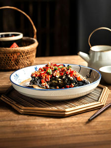 Retro Blue And White Porcelain Plate Ceramic Steamed Dish Flat Bottom round Plate Kitchen Cooking Utensils Dinnerware Set