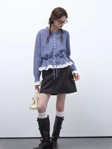 VEGA CHANG | Áo Cardigan Knit Cổ Tròn Viền Ren Mùa Xuân