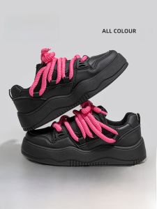 Warrior | Womens Casual Thick Bottom Sneakers Spring Autumn New Style Black Pink Dopaamine Matching Shoes Youth Round Toe Rubber Outsole