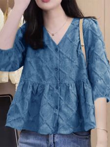 Spring Summer 2024 Slim Fit Pure Color Seven Quarter Sleeve V Neck Thin Womens High End Shirt Casual Style Loose Polyester Fiber