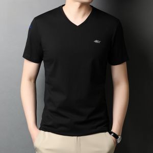 ROMON | Lormen Mens Short Sleeve T-Shirt Ice Silk Thin Casual Cotton V-Neck Mid-Aged Dad Summer Fashion Business Style Standard Fit