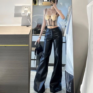 High Waist Straight Leg PU Leather Pants Womens plus Size Casual Wide Leg Loose Fit High End Feel Long Pants Black Bell Bottoms