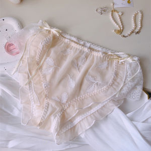 Feather Embroider Voile Plus Size Womens Underwear Loose Plaid Sweet Fresh Lace Pearl Decorative Bowknot